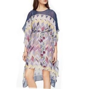 BCBGMAXAZRIA Suzy Silk Chiffon Blue Chevron Print‎ Kaftan Sleeve Belted Dress S